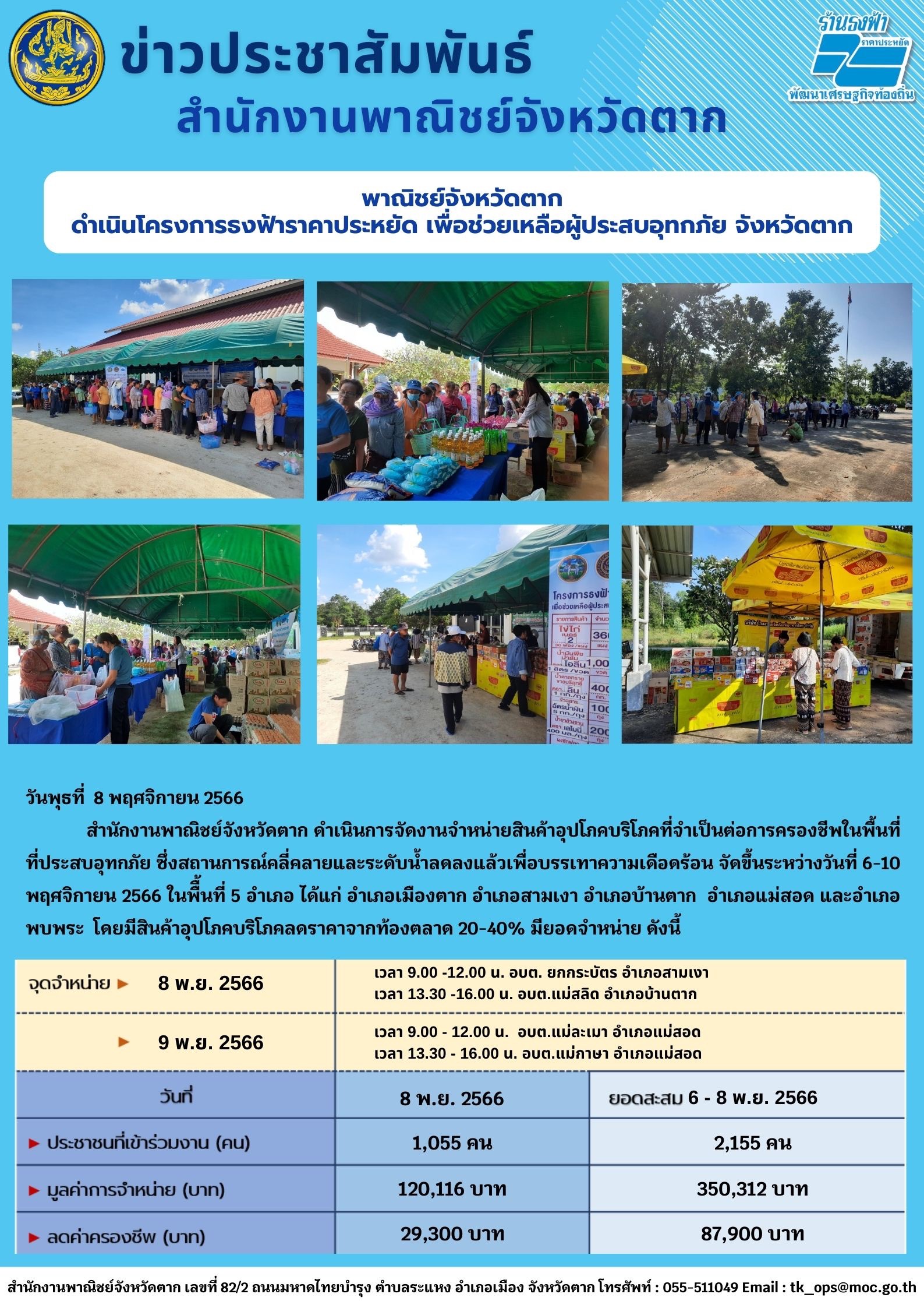 พาณิชย์จังหวัดตาก ดำเนินโครงการธงฟ้าราคาประหยัด เพื่อช่วยเหลือผู้ประสบอุทกภัย จังหวัดตาก