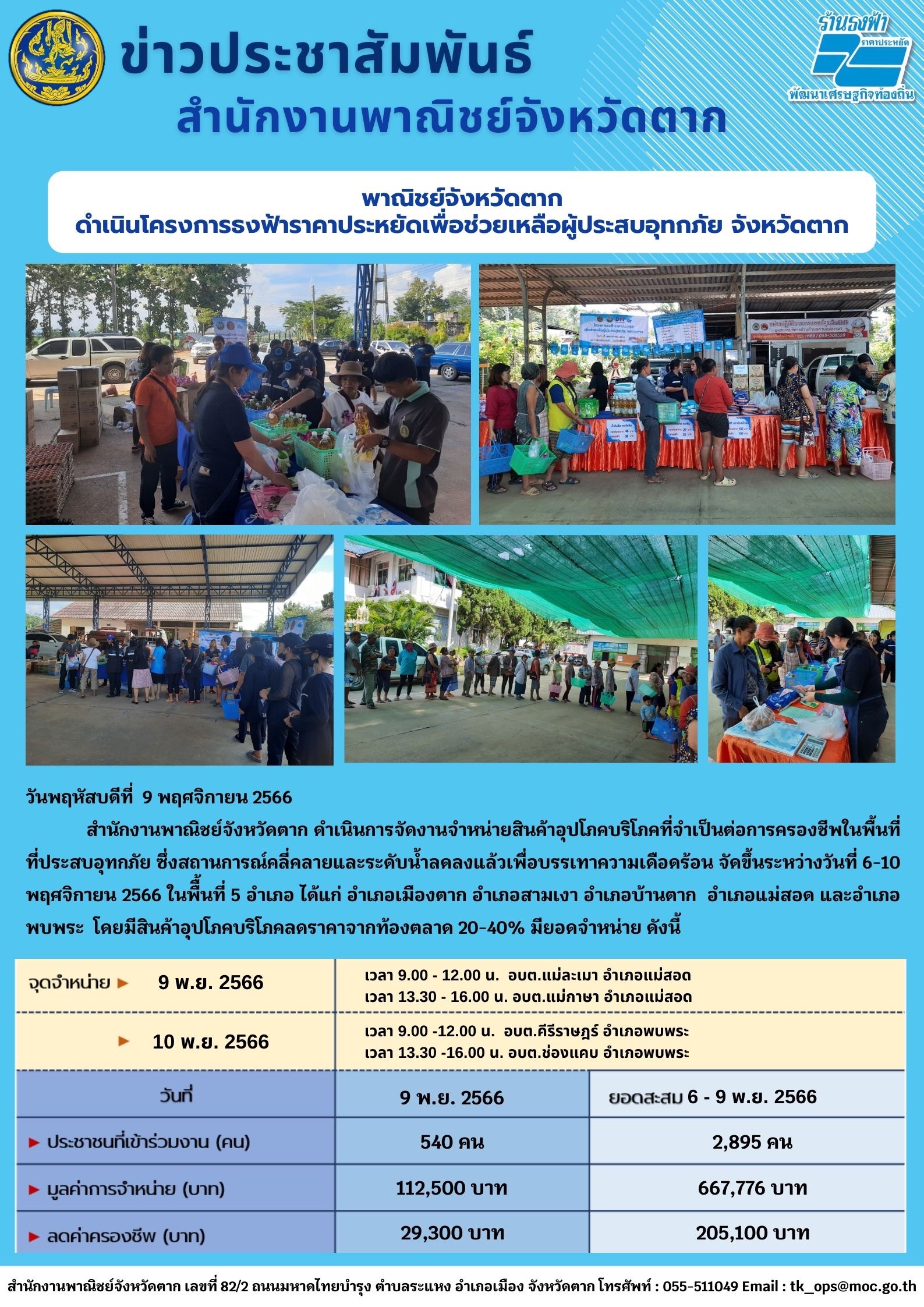 พาณิชย์จังหวัดตาก ดำเนินโครงการธงฟ้าราคาประหยัด เพื่อช่วยเหลือผู้ประสบอุทกภัย จังหวัดตาก